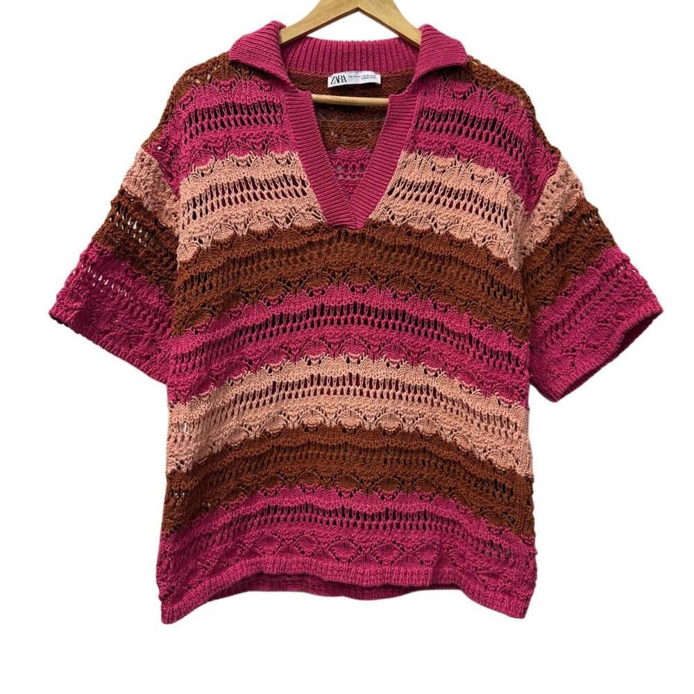 Zara Striped Open-Knit Polo Sweater Pink Brown